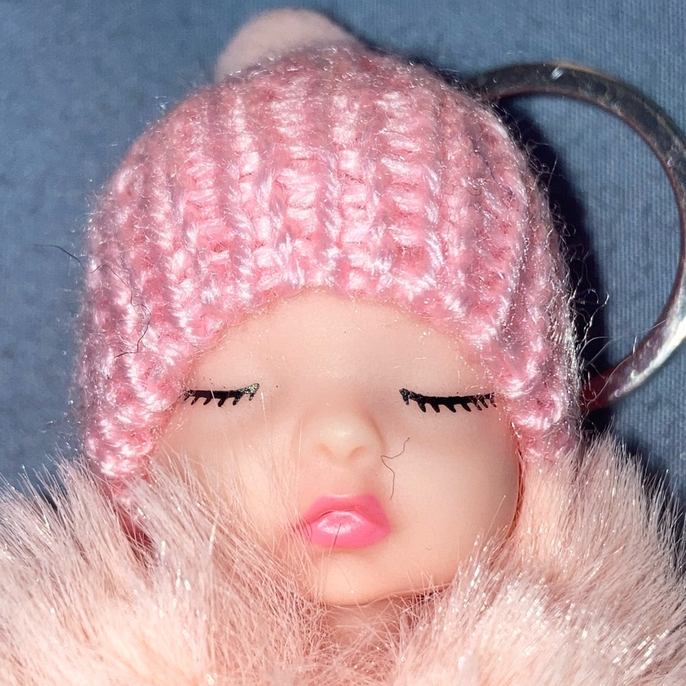 Pink Fluffy Pom Pom Sleeping Baby Baby Doll Keychain/Bag Charm - Picture 2 of 3